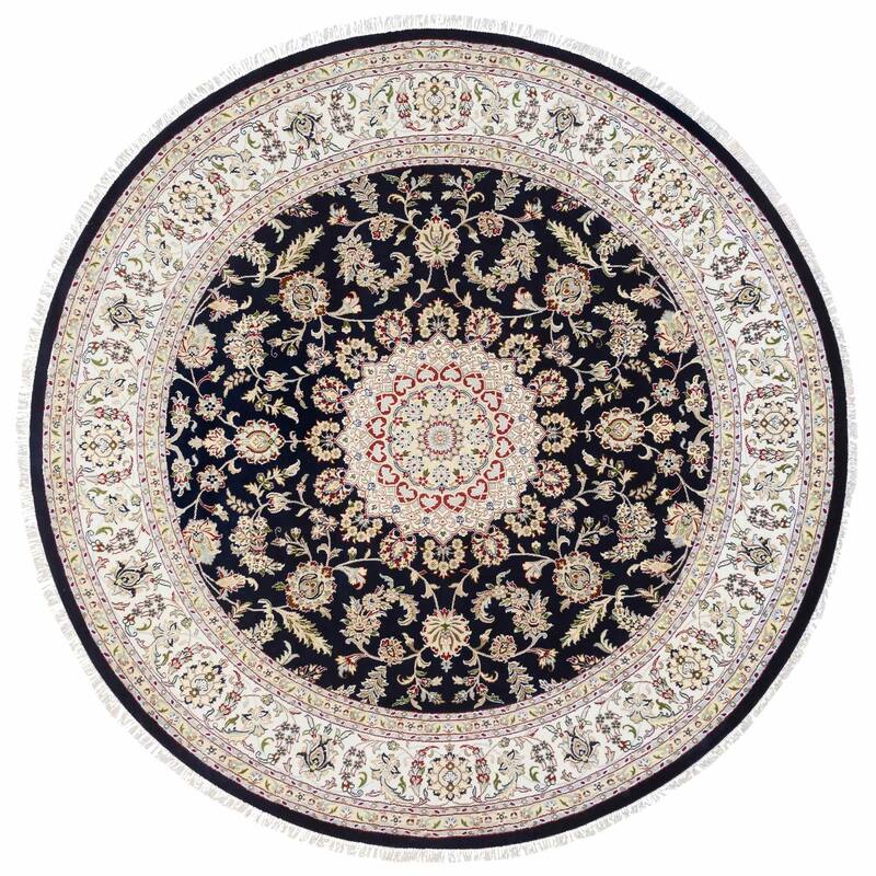 Shahbanu Rugs Midnight Blue Wool and Silk Hand Knotted Nain Medallion